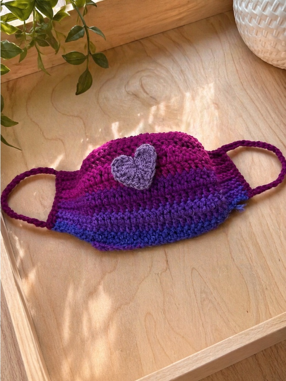 Handmade Adult Crochet Face Mask with Heart - Purple & Pink